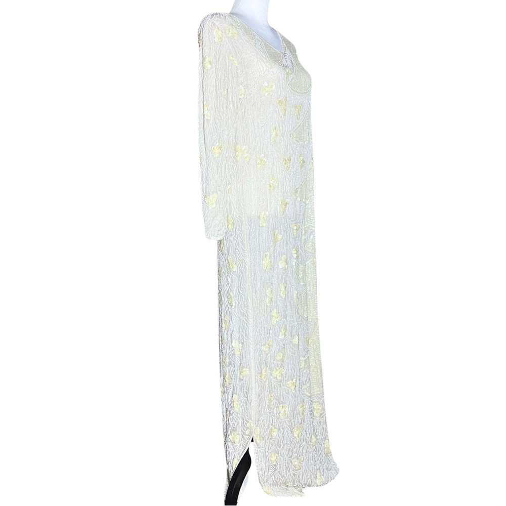 Vintage 100% Silk Ivory 70s 80s Fully Beaded Sequin Long Sleeve Dress - Picture 4 of 15